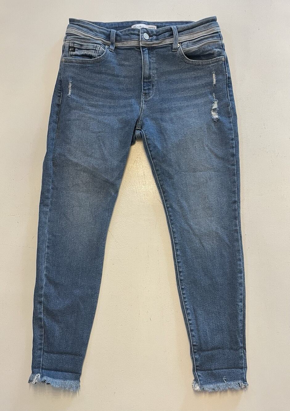 KanCan Women Size 30 Med Wash Mid Rise Skinny Jeans Distressed Double Waistband